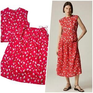 J. Crew | Women | Red Ramie Daisy Shell Top Midi Skirt Matching Set | 6 Small